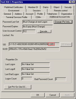 Screenshot showing the RID as part of a SID in the additional account information