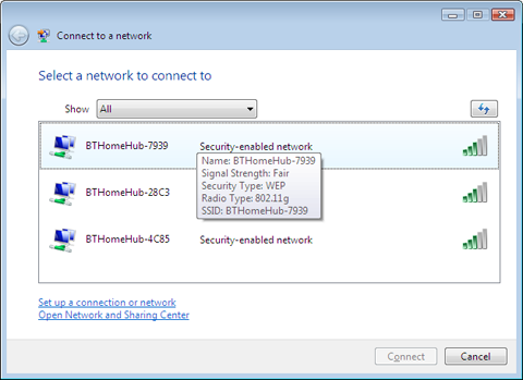 Available wireless networks, as reported in Windows Vista