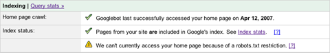 Screenshot showing that Google cannot access the homepage due to a robots.txt restriction