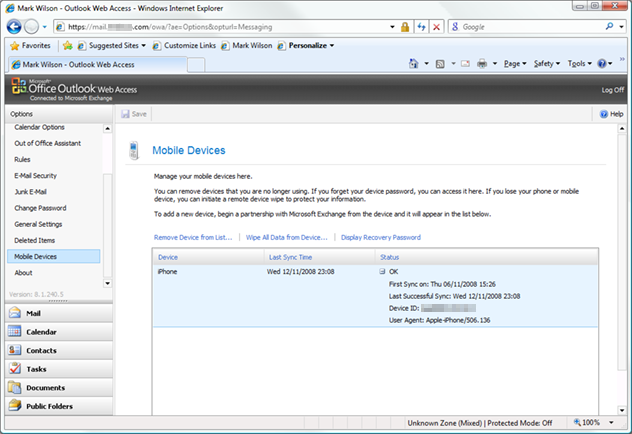 Mobile device view in Exchange Server 2007 web access - showing an iPhone