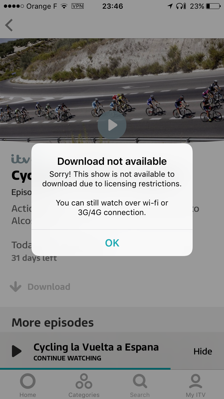 ITV Hub download error outside the UK