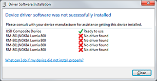 Nokia Lumia 800 driver installation fails on Windows 7