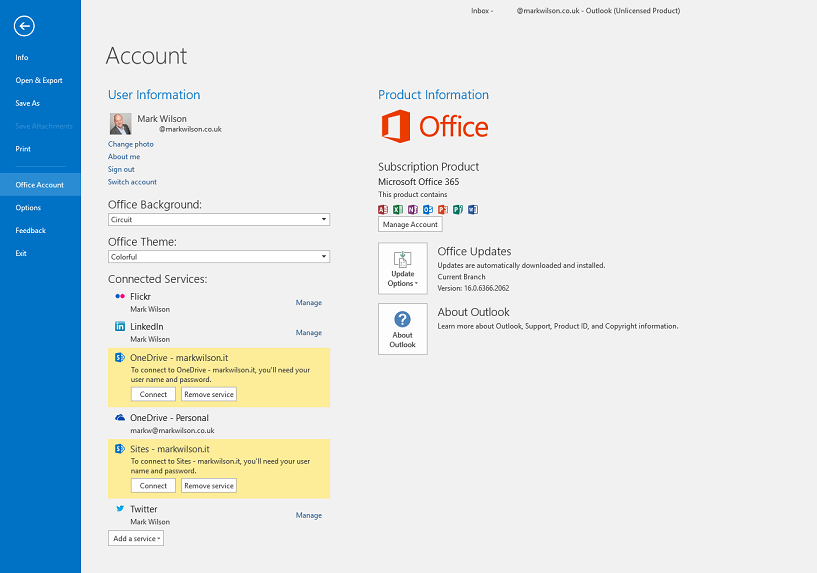 Disconnected from Office 365 services