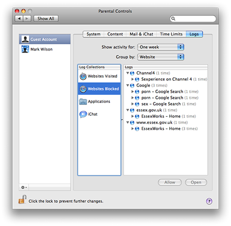 Parental Controls logging activity on Mac OS X 10.5