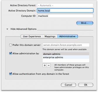 Mac OS X 10.5 Directory Utility - Active Directory Administrative options
