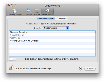 Mac OS X 10.5 Directory Utility - Search Policy Authentication