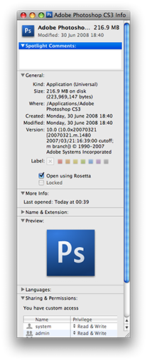 Select Rosetta emulation for Photoshop CS3