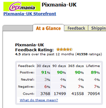 Part of Pixmania-UK Amazon storefront showing feedback
