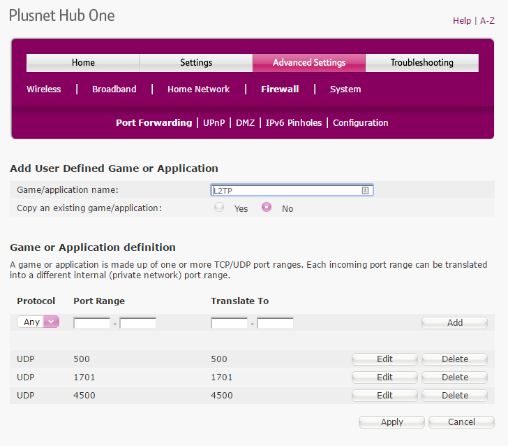 Creating an L2TP application in the PlusNet Hub One router firewall