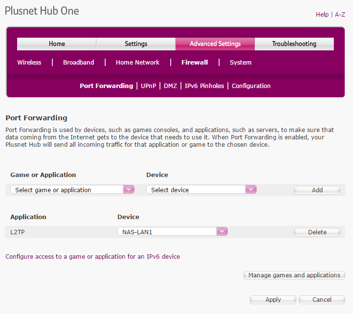 Port forwarding to L2TP in the PlusNet Hub One router firewall