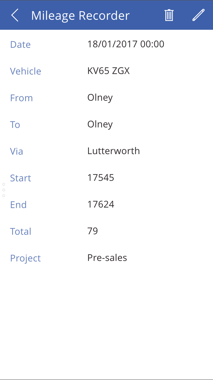PowerApps Mileage Recorder: View