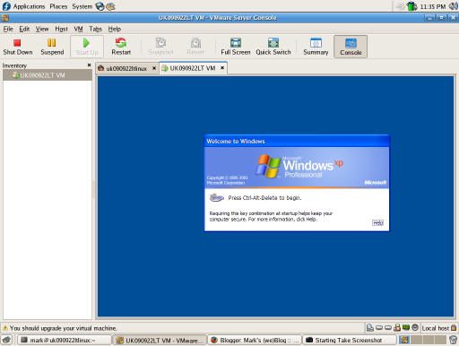 Windows XP in VMware Server running on Fedora Core 5