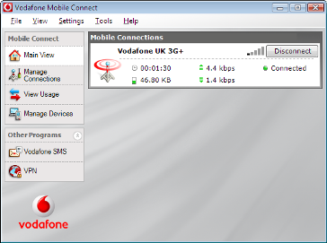 Screenshot of Vodafone Mobile Connect v9.2.1.6545 with a working (but weak) 3G connection