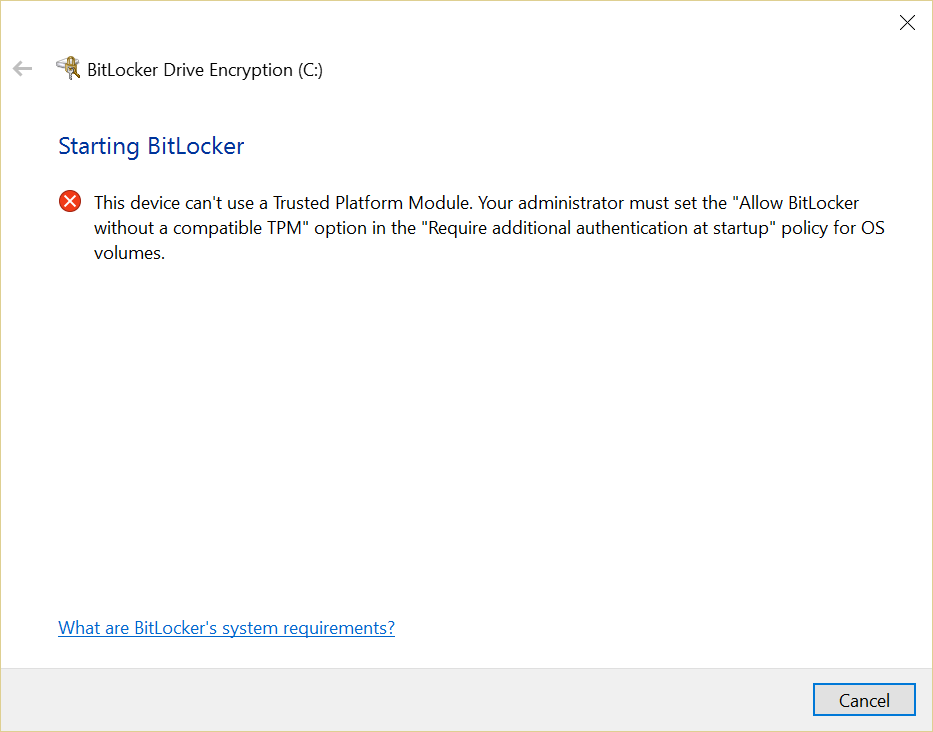 BitLocker error on PC without a trusted platform module