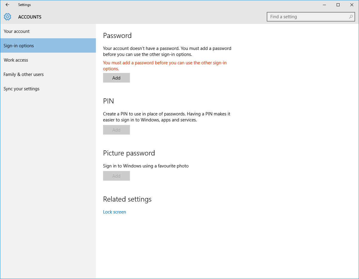 Windows 10 - Accounts - Signin Options