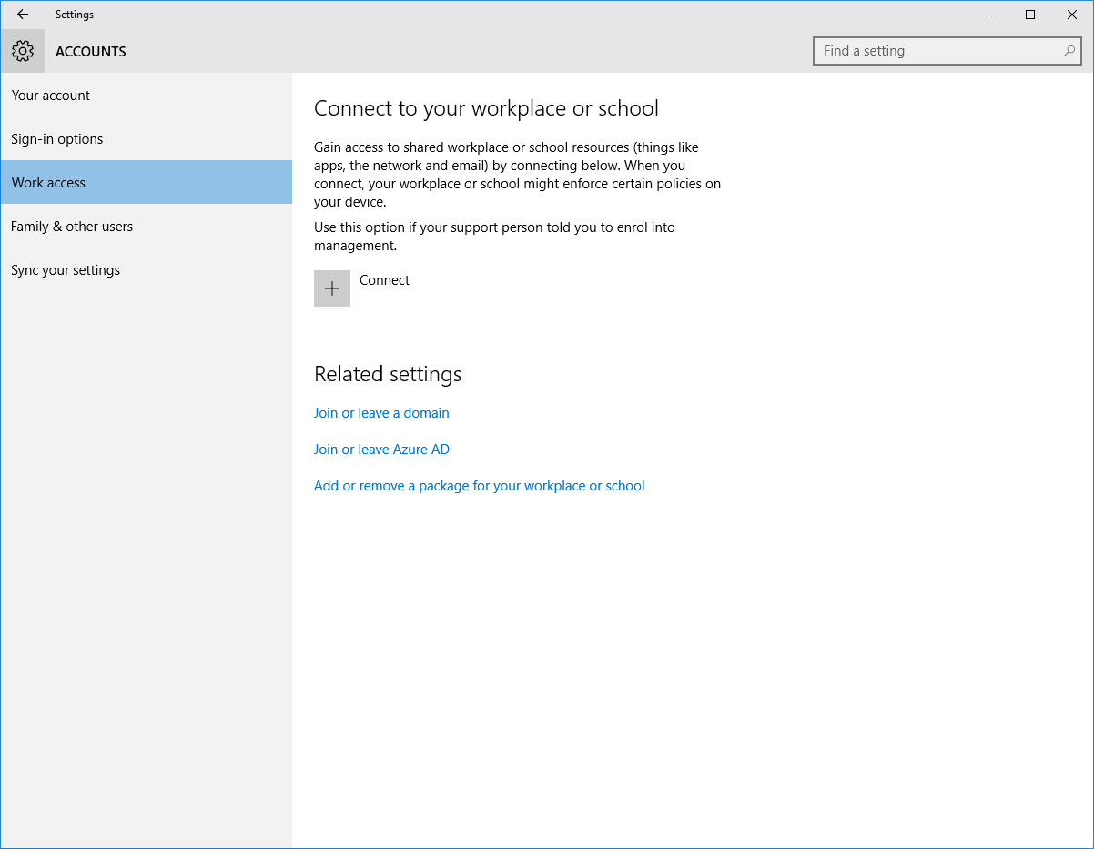 Windows 10 - Accounts - Work Access