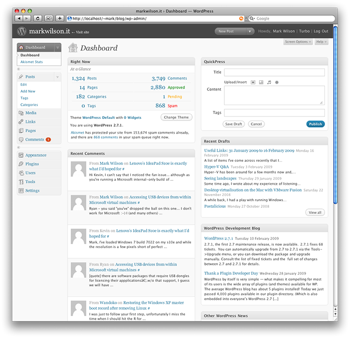 WordPress 2.7 Dashboard