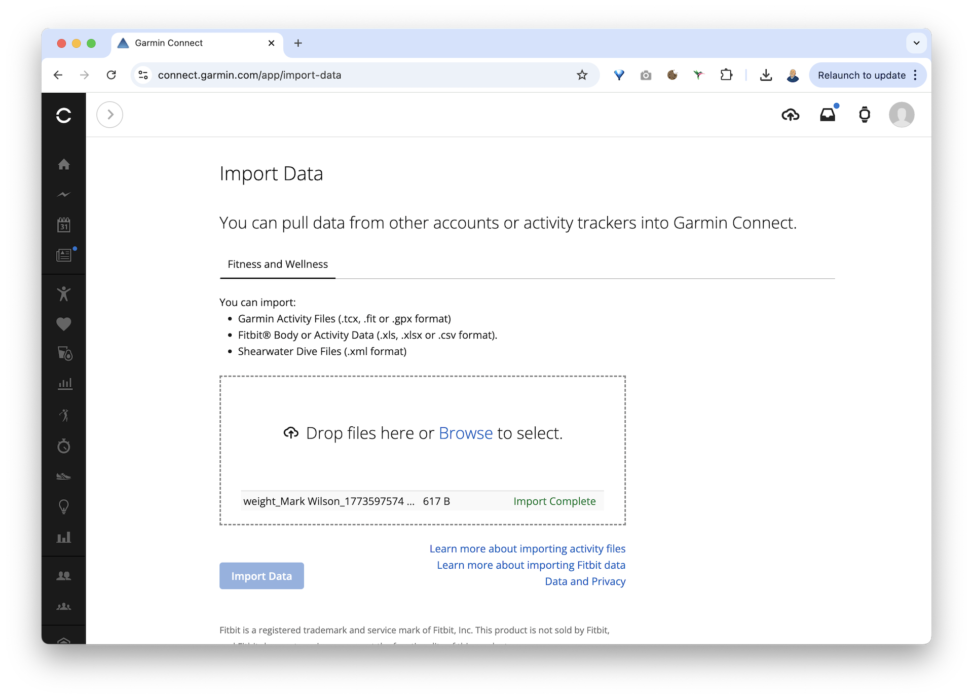 Garmin Connect Import Data page