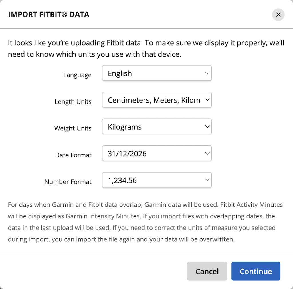 Garmin Connect Import Fitbit Data dialogue
